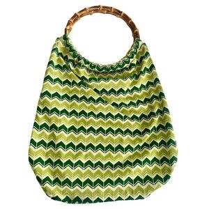 Land's End Tote Bag Bamboo Handles Reversible Green Chevron Geometric BoHo Beach